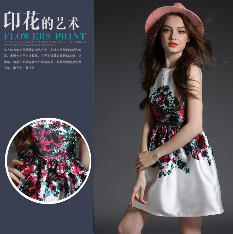 子依阁 2015夏季新款 无袖印花短裙 气质修身圆领蓬蓬裙连衣裙荷叶边5759 白色 M
