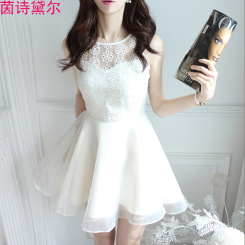 奈陌连衣裙 夏2015新款女装夏装新款女装荷叶边雪纺衫蕾丝欧根纱半身裙两件套装连衣裙 花色 XL