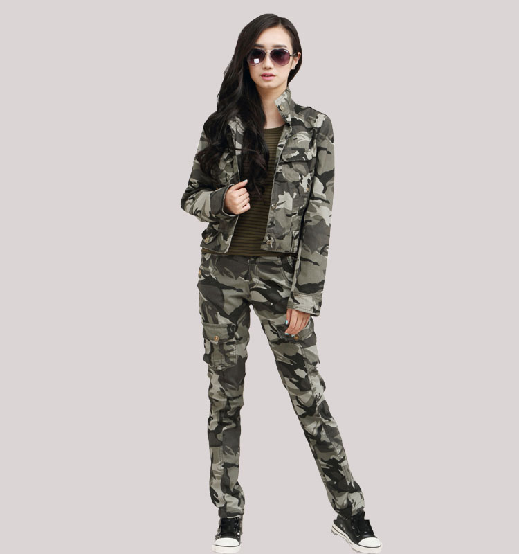 春秋季迷彩女套装军训服短装外套学生套装直筒军绿色美军丛林 军绿色
