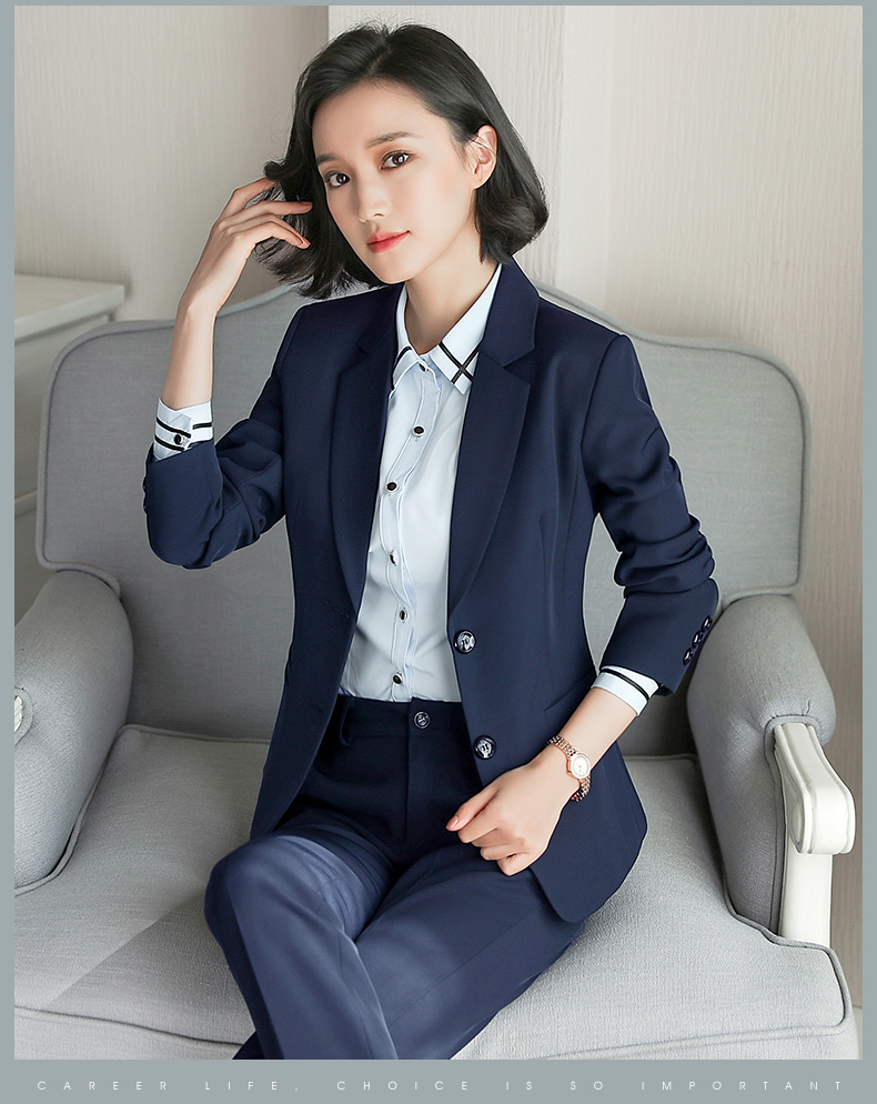 职业套装女新款春秋时尚西服大学生面试小西装女银行工作服正装蓝色