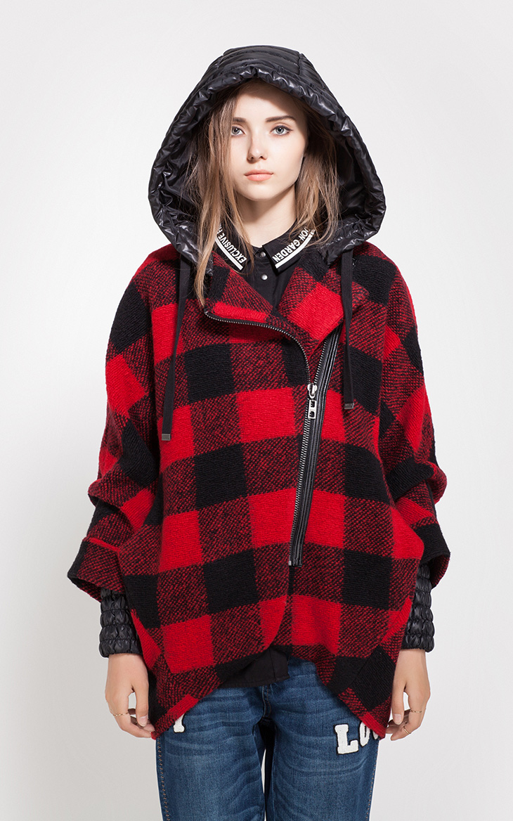ONLY秋装新品含羊毛格纹连帽宽松中长毛呢大衣女T|11536T010 104浅花灰  165/84A/M