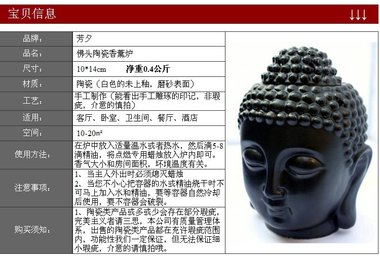 
                                        芳夕 佛头香薰炉 陶瓷香薰灯 蜡烛香熏炉精油灯 佛头炉黑色 丨 光滑面不透                