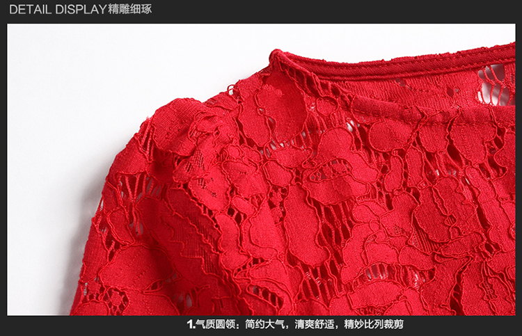 春芳秀美 欧洲站2015早秋新款镂空短款七分袖蕾丝打底衫修身上衣小衫新款女装红色蕾丝衫 红色 XL