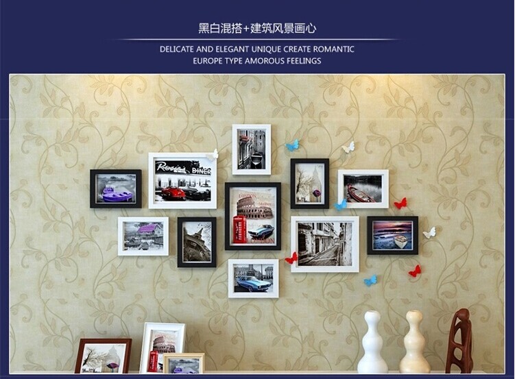 
                                        相框照片墙组合相框架相片墙油画装饰画客厅卧室画相册墙贴画框实木蝴蝶组合JHX-HD-9(a 黑白红三色混搭+插画画心                