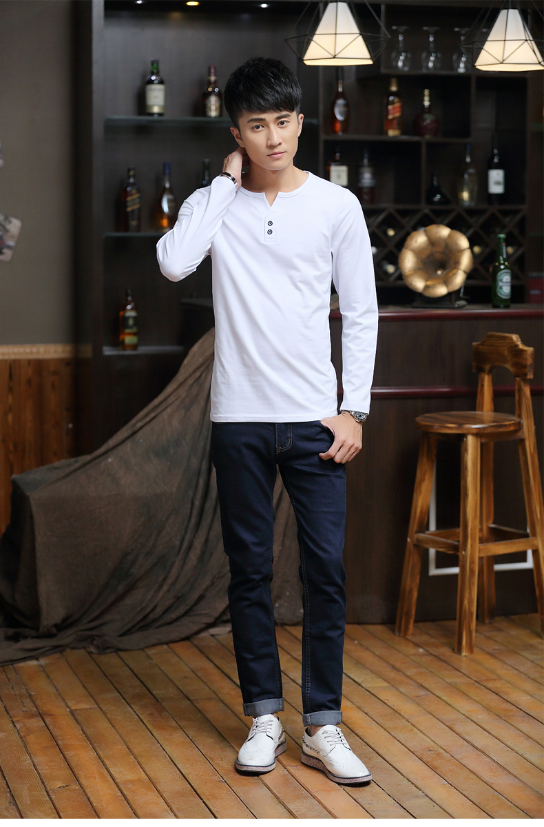 jxaete纯色长袖秋装t恤男纯棉纽扣装饰上衣韩版v领百搭男士打底衫