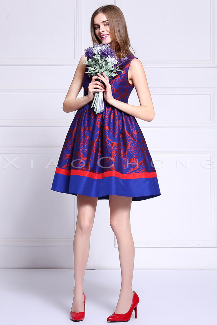 小虫2015秋季新款女装蓬蓬甜美方领蝴蝶结a字公主裙 蓝色 l