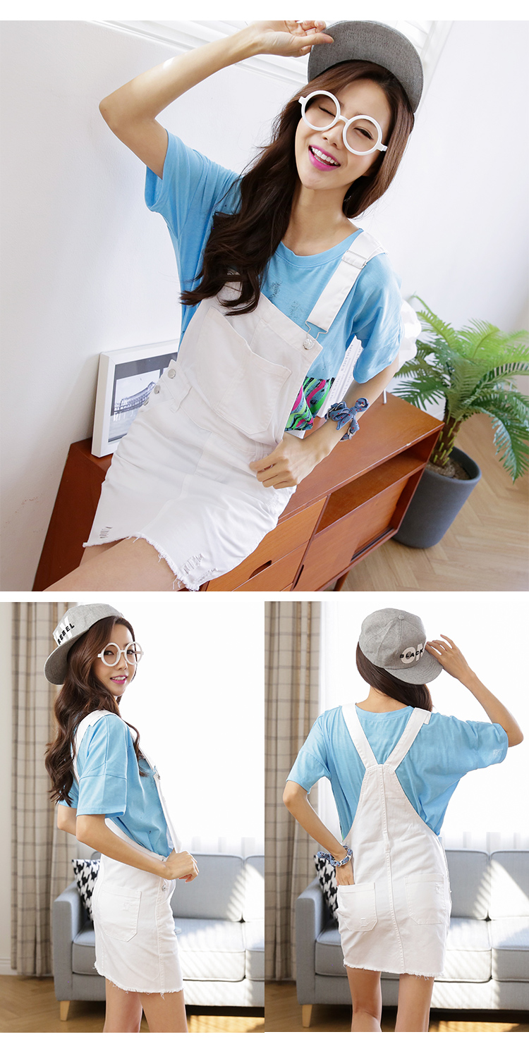 雪之梦2015新款韩版吊带背带牛仔短裙 显瘦磨破半身裙女8764 白色 S