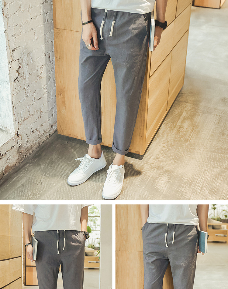 稻草人春季九分裤长裤休闲裤直筒裤男棉麻 军绿色 xl