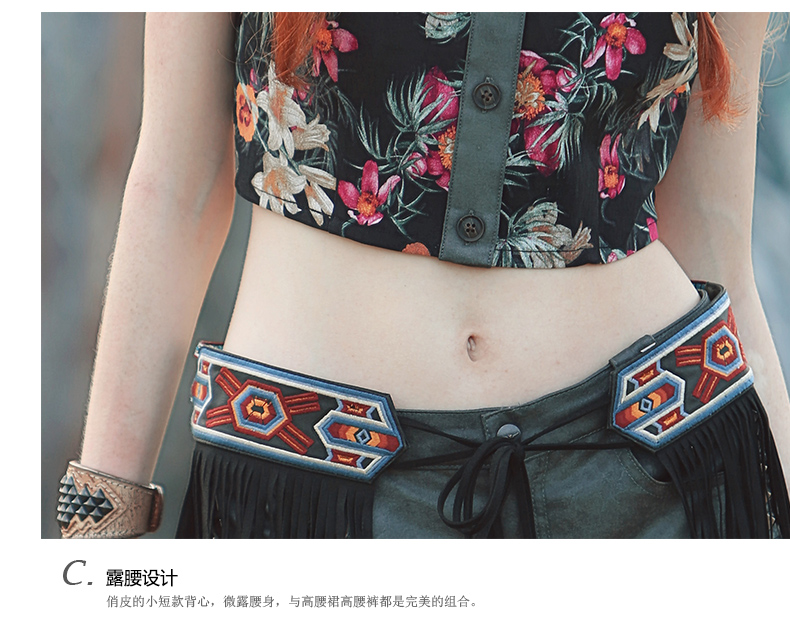 迷阵2015夏季新款原创女民族风复古短款拼接做旧印花衬衫 花色 S现货