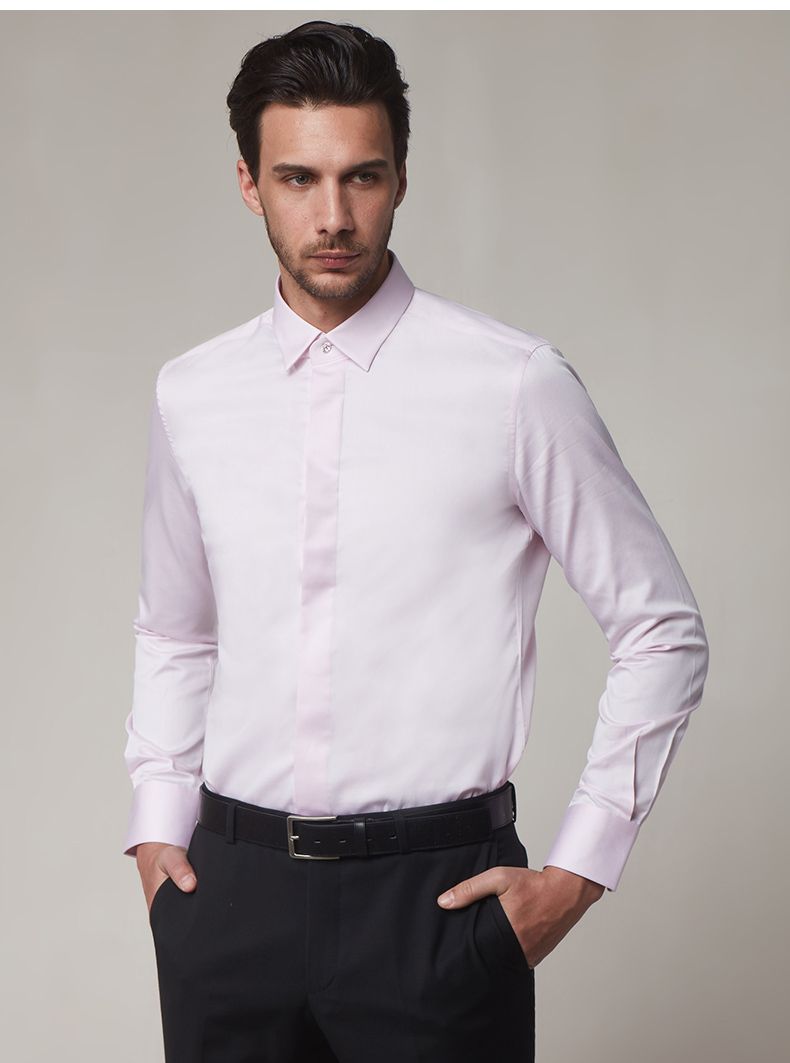 lampo/蓝豹18春夏新品全棉藕粉缎面商务经典超修身男士长袖衬衫 藕粉