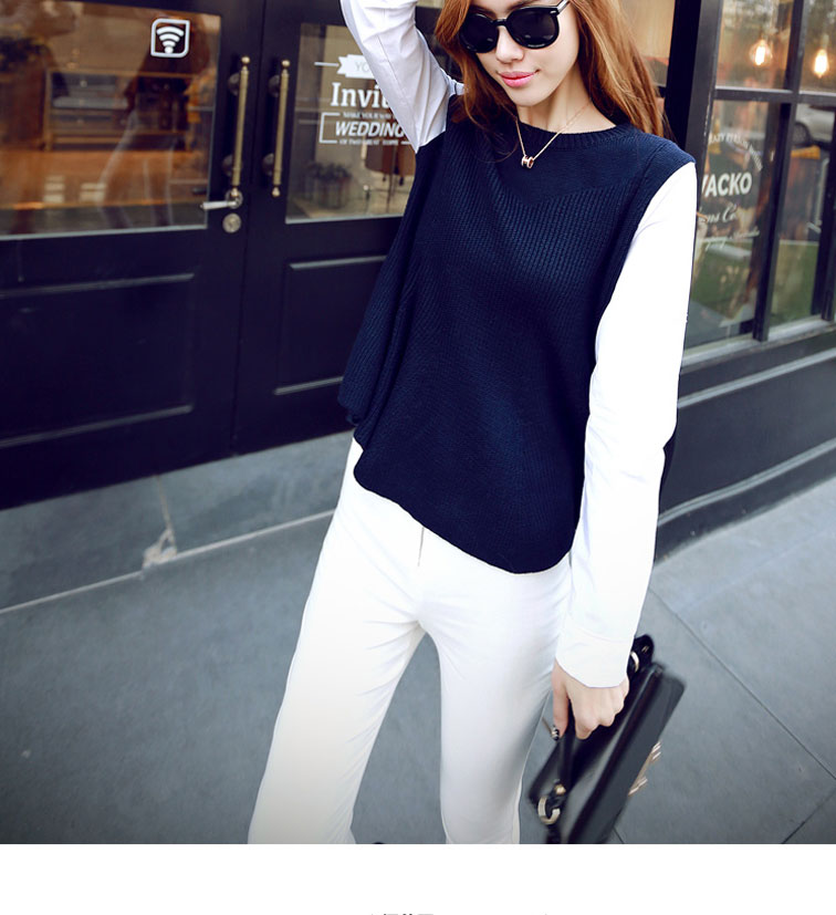 2015秋冬款女式套头针织衫假两件套毛衣圆领长袖打底衫女 深蓝色 s码
