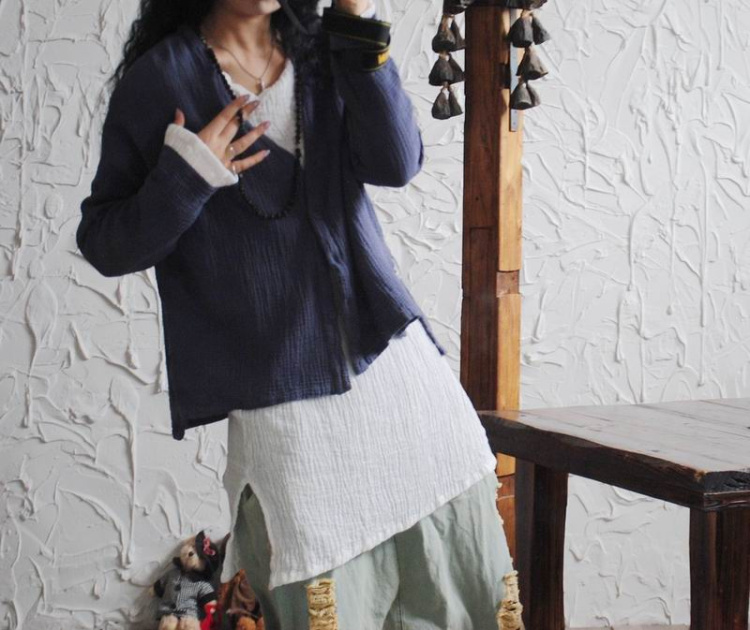 浮若晨花新款衬衫长袖棉麻女装简约文艺范肌理衬衣女24229 灰蓝色 均码