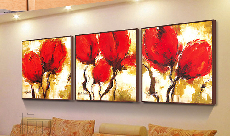 
                                        格丽油画阳光红花有框画 现代简约家居餐厅客厅抽象装饰画三联画电表箱花卉挂画 三联组合 60*60cm                