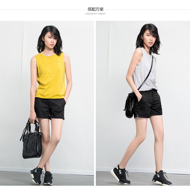 Amii【极简主义】夏新品帅气织带装饰折边纯棉大码休闲短裤女11540395 米白 S