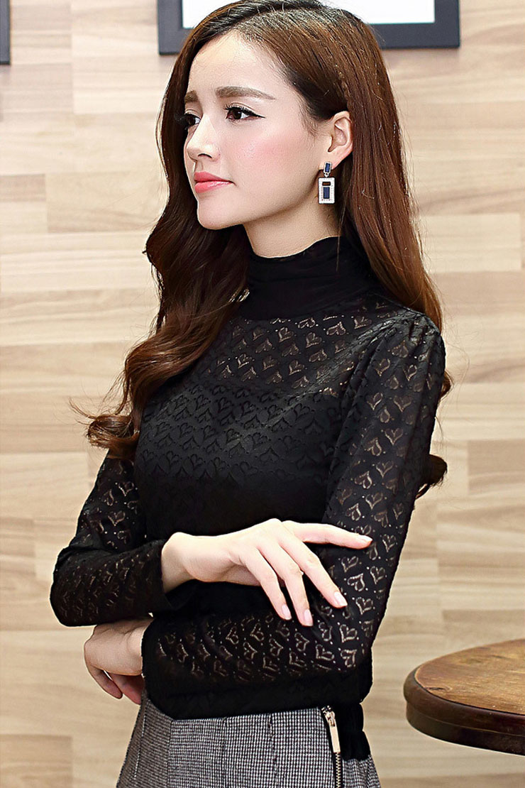 噢邸博2015新款蕾丝衫女韩版大码女装修身显瘦高领网纱打底小衫 黑色