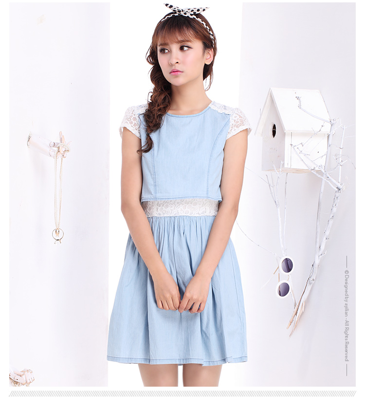 阿依莲2015夏装新款蕾丝拼接纯棉牛仔假两件连衣裙浅蓝牛仔裙cn