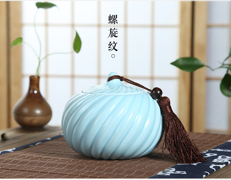 
                                        康韵 陶瓷汝窑茶叶罐 普洱茶罐密封罐大号精品定窑老白茶叶罐 螺纹天蓝茶叶罐                