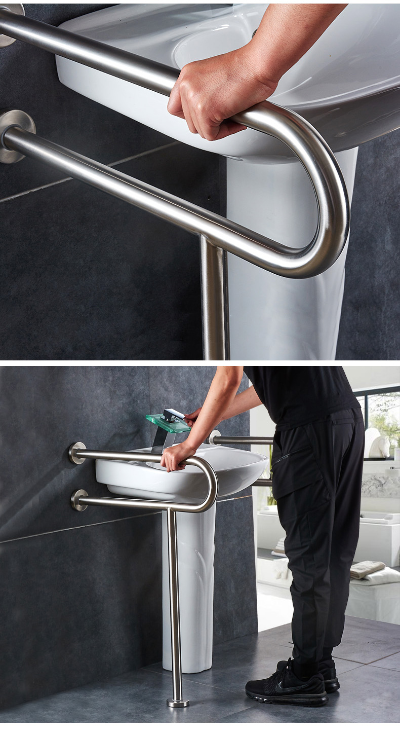 创莎304不锈钢面盆扶手浴室安全扶手柱盆卫生间无障碍拉手镜面带脚无