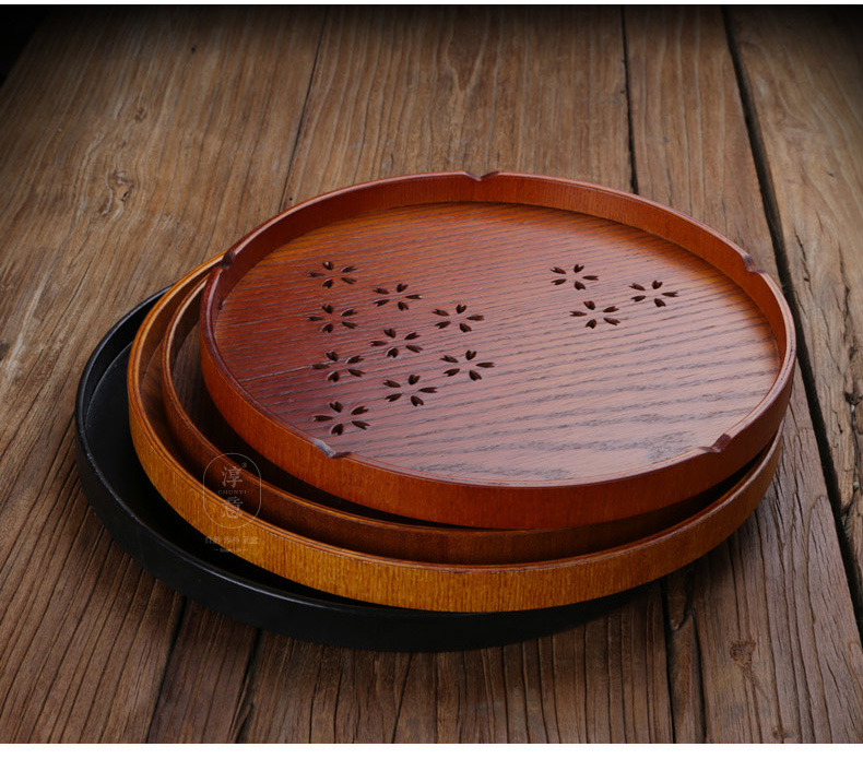 淳意圆形木托盘日式茶盘木质水果盘瓜子零食木盘子黑色圆盘直径30cm