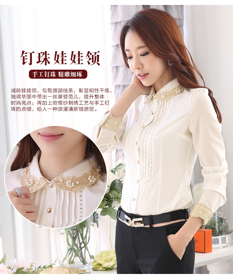 楚尚秀CSX衬衫女长袖打底衫秋装新款雪纺白衬衣蕾丝 秋3356 乳白色 L