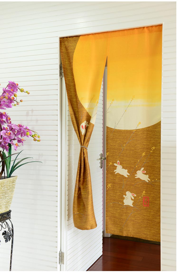 
                                        风雅荷塘  玉兔奔月85*150CM 金丝银丝印花风水布艺门帘 隔断帘 送杆 深卡其色                