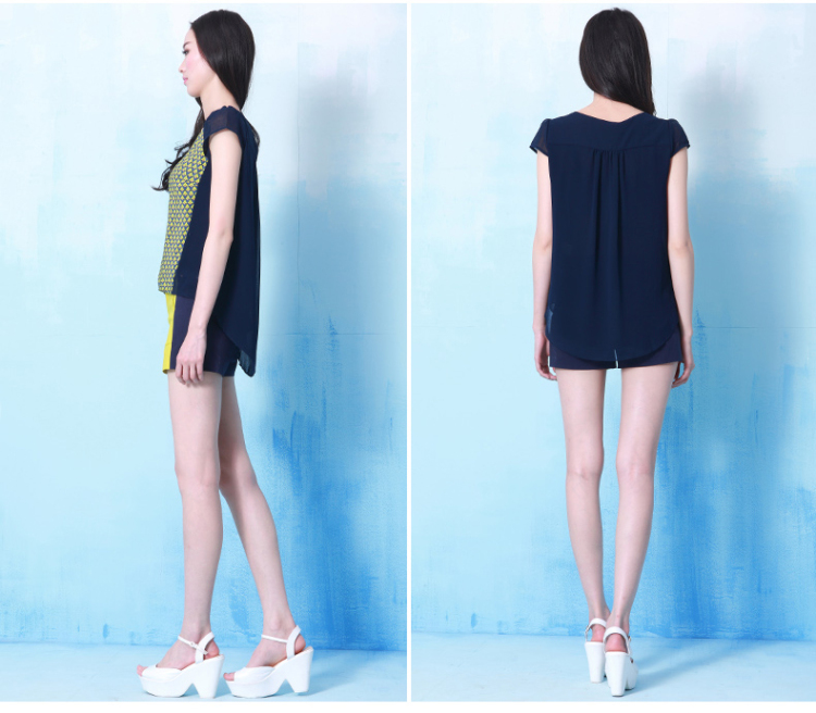澳奇美（Aoqimei）2015夏装新款女装印花雪纺韩版短袖雪纺衫时尚拼色短裤套装6836 图片色 S
