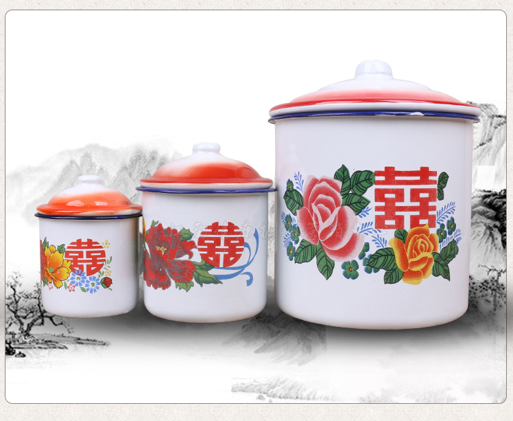 茶缸水杯子茶缸子婚庆双喜杯搪瓷杯12cm喜字杯一个红白盖子装水1420ml