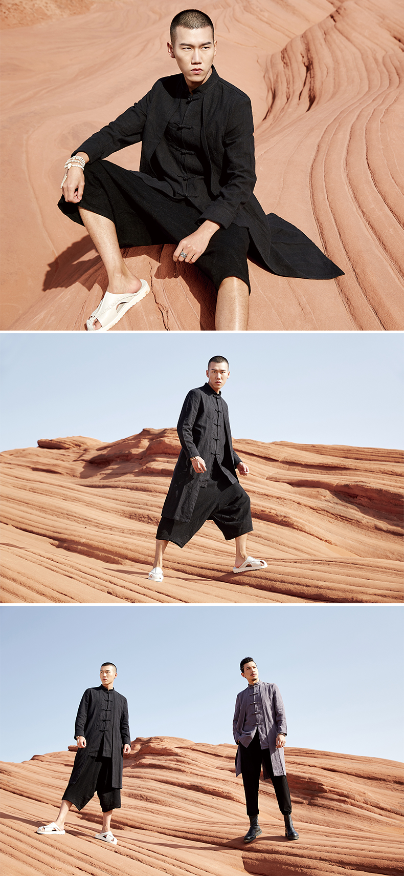 意树民族风男士长衫中式长袍亚麻休闲外套青年唐装复古中国风男装玄色