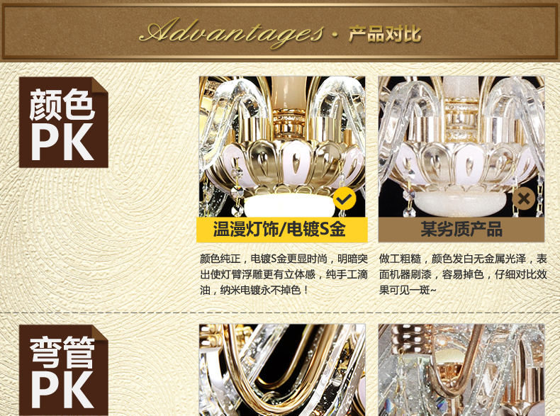 温漫发光水晶弯管欧式吊灯 奢华别墅复式楼客厅餐厅卧室水晶吊灯 7068 6头 直径700*高600mm