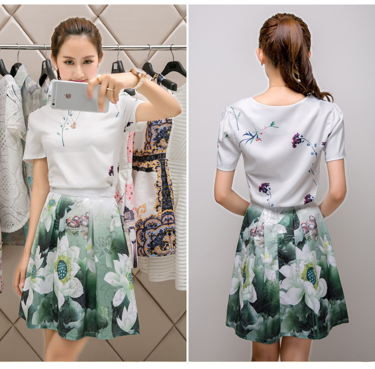 朵以天使夏季韩版女装雪纺短袖上衣 印花半身裙两件套装syysy602dy02a
