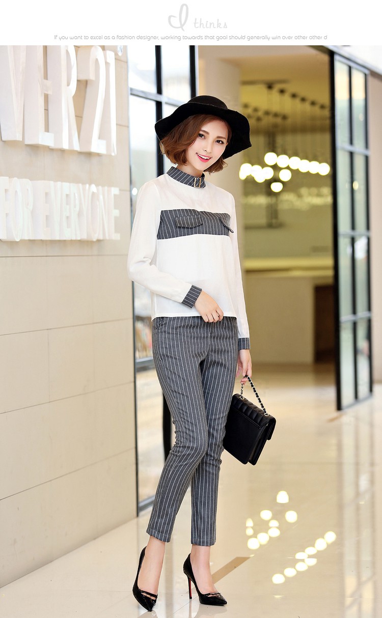 菲思汀 九分裤条纹拼接套裤 套裤 秋季女装套装 韩版套装 裤子套装