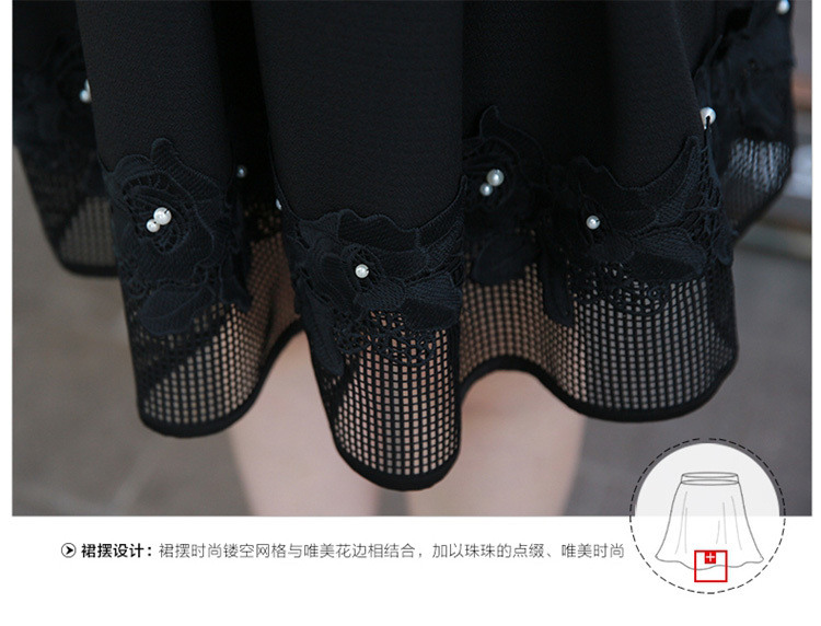 QIANFEIMEI 韩版大码女装时尚百褶A摆纯手工钉珠点缀镂空网格花边百搭半身裙 黑色 3XL