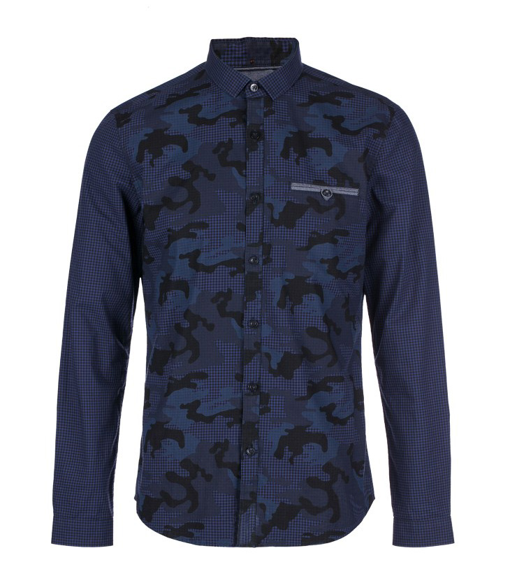 selected纯棉格纹迷彩印花男士商务休闲修身衬衫c|415305060 海军蓝