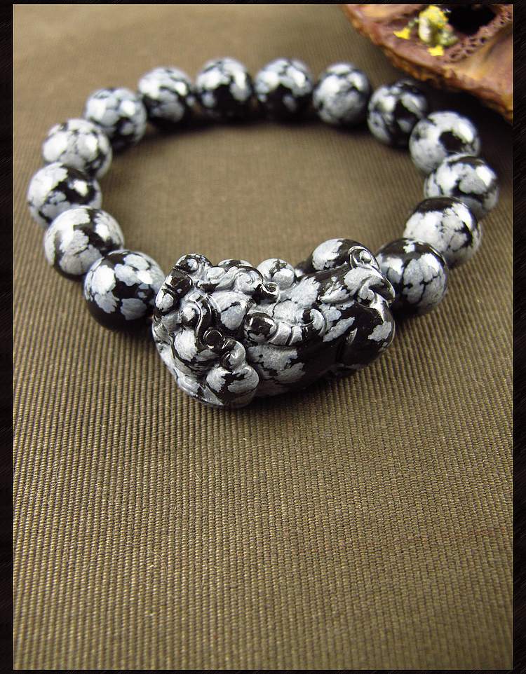 相石缘满花级黑白天珠手串男女雪花黑曜石貔貅手链天然药师12mm