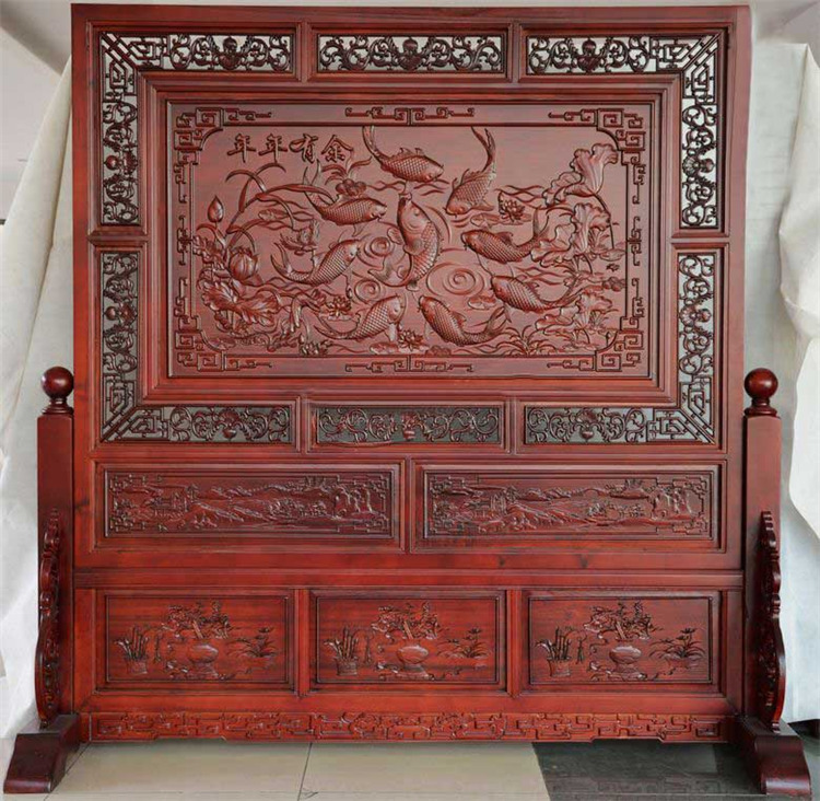 
                                        东阳木雕 年年有余 开业乔迁搬家礼品 落地屏 屏风 插屏 座屏 实木客厅玄关隔断                
