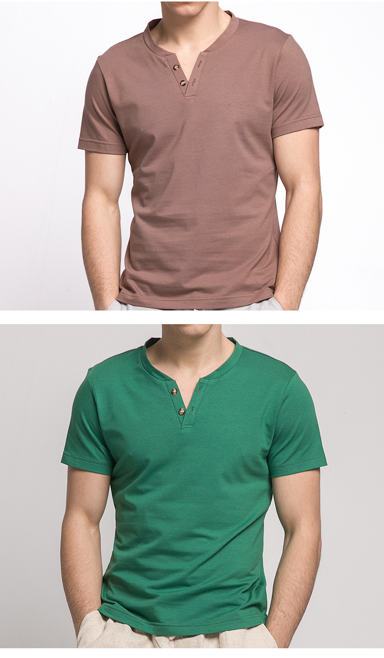 万寻夏装男士短袖t恤 竹纤维t恤个性纽扣v领 纯色衣服男装半袖 白色
