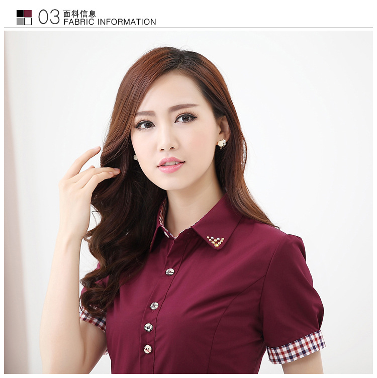 
                                        鱼丫头 翻领白衬衫女格子短袖修身职业装女士衬衣大码工作服 灰色 S                