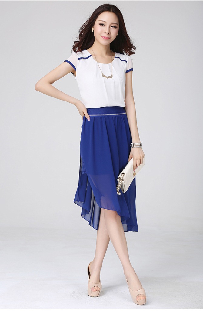 夏季新款欧美风女装黑白拼接撞色不规则燕尾可卸拉链连衣裙 2837 蓝色