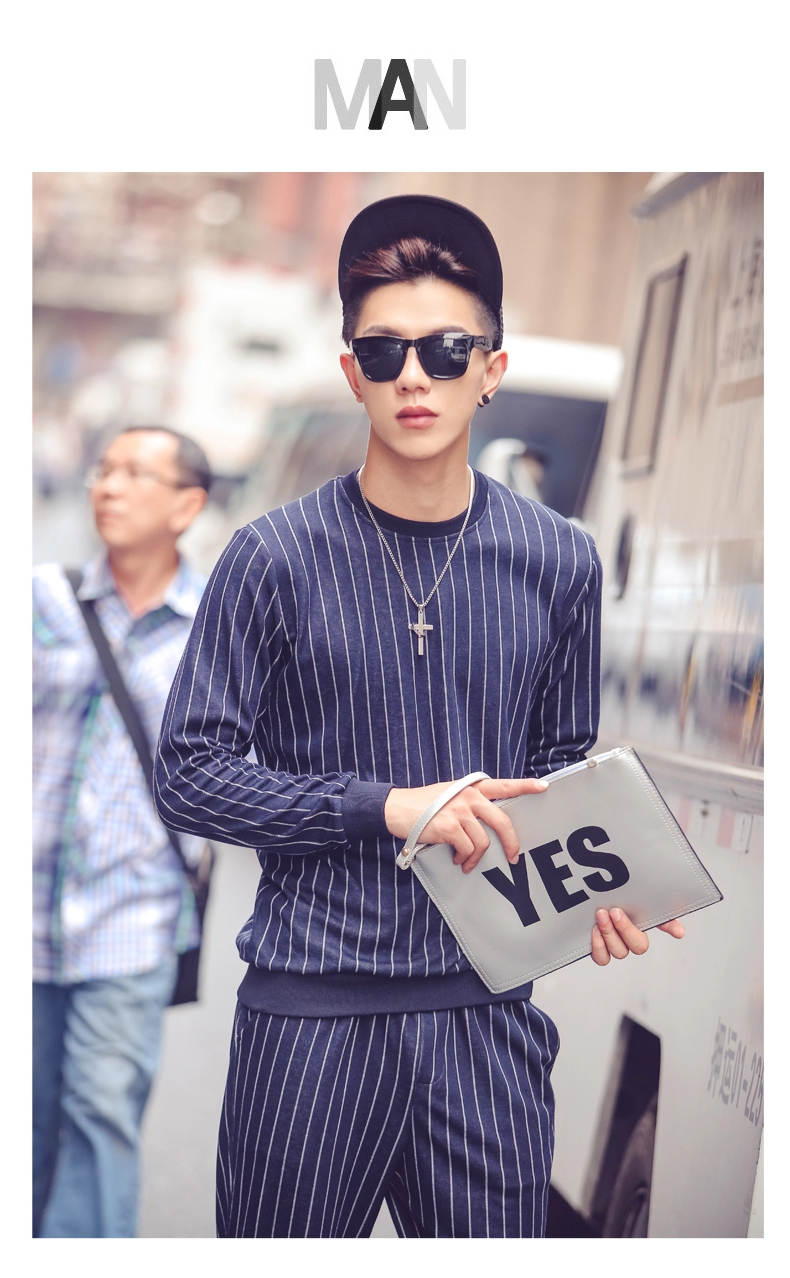 howoreasy卫衣套装男士套头复古外套条纹显瘦长裤子2015秋冬潮 浅灰色