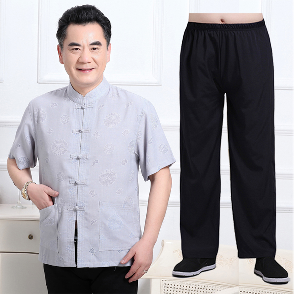 套装短袖爷爷唐装老人夏天男士两件套爸爸装衣服老头夏季上衣裤子父亲