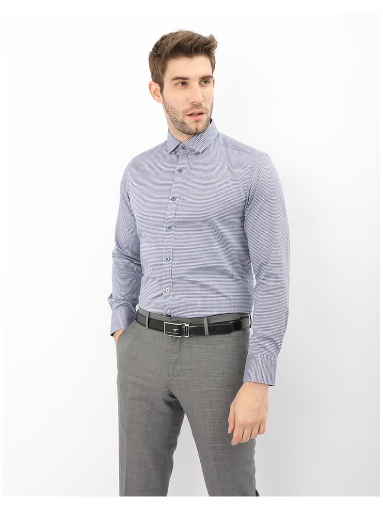 judger庄吉商务衬衫男 领导上班格子衬衣 纯棉男士长袖衬衫 黑蓝格子