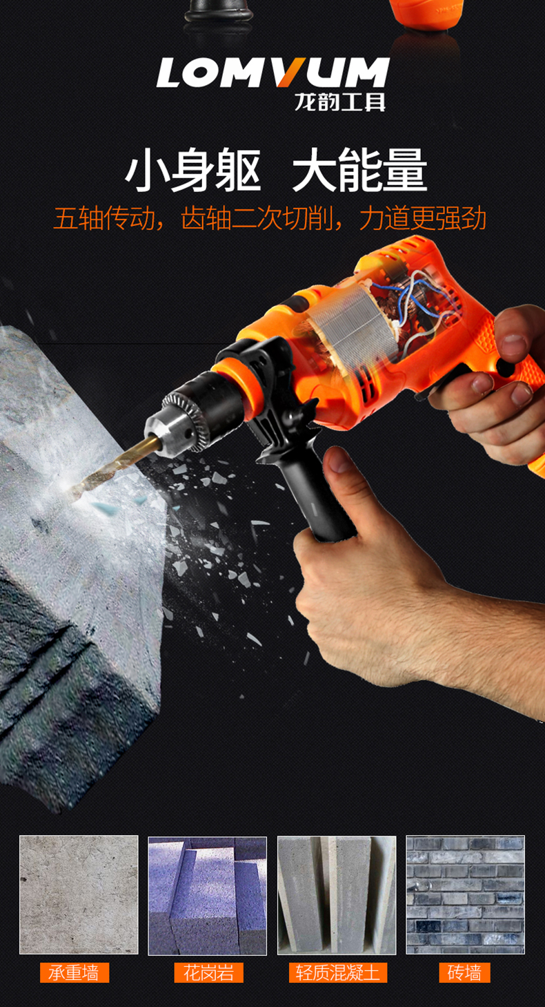 龙韵 电钻冲击钻220v多功能电动工具家用手枪钻手电钻电转轻型电锤