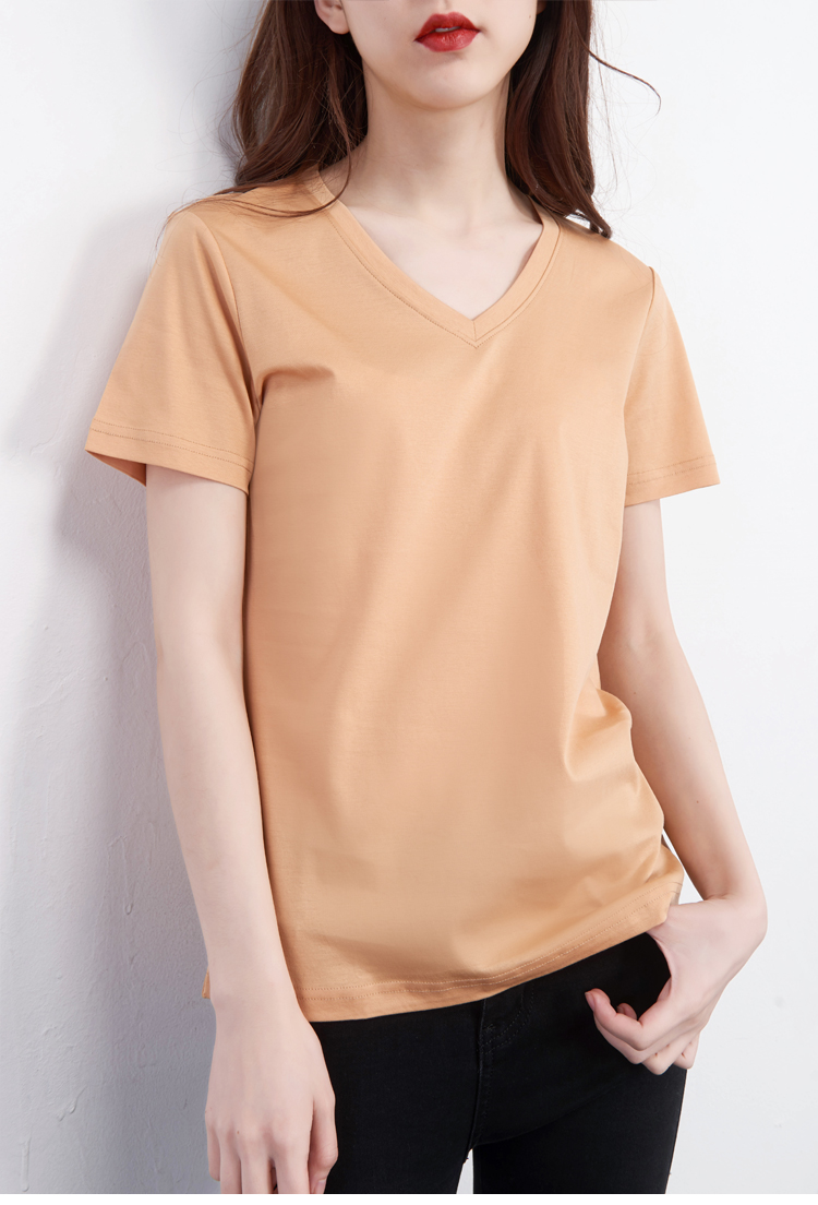 chartres夏新款高品质v领宽松纯棉丝光棉短款t恤女s446驼色m