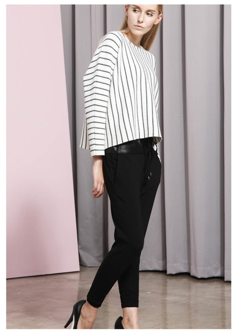 wherewhatwho互然 秋季新品女针织拼皮松紧腰弹力小脚裤哈伦裤铅笔裤