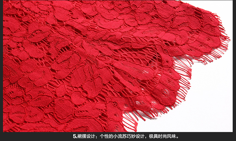 春芳秀美 欧洲站2015早秋新款镂空短款七分袖蕾丝打底衫修身上衣小衫新款女装红色蕾丝衫 红色 XL