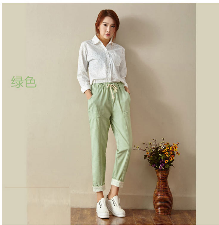 佳琳黛宽松哈伦裤女休闲九分裤薄亚麻系带直筒棉麻学生女裤 蓝色 L