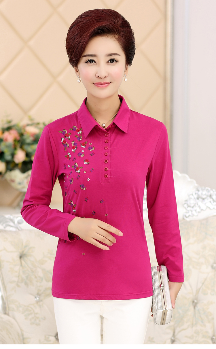 质女装t恤衫时尚妈妈刺绣翻领t恤中老年人长袖休闲t恤大码宽松上衣女