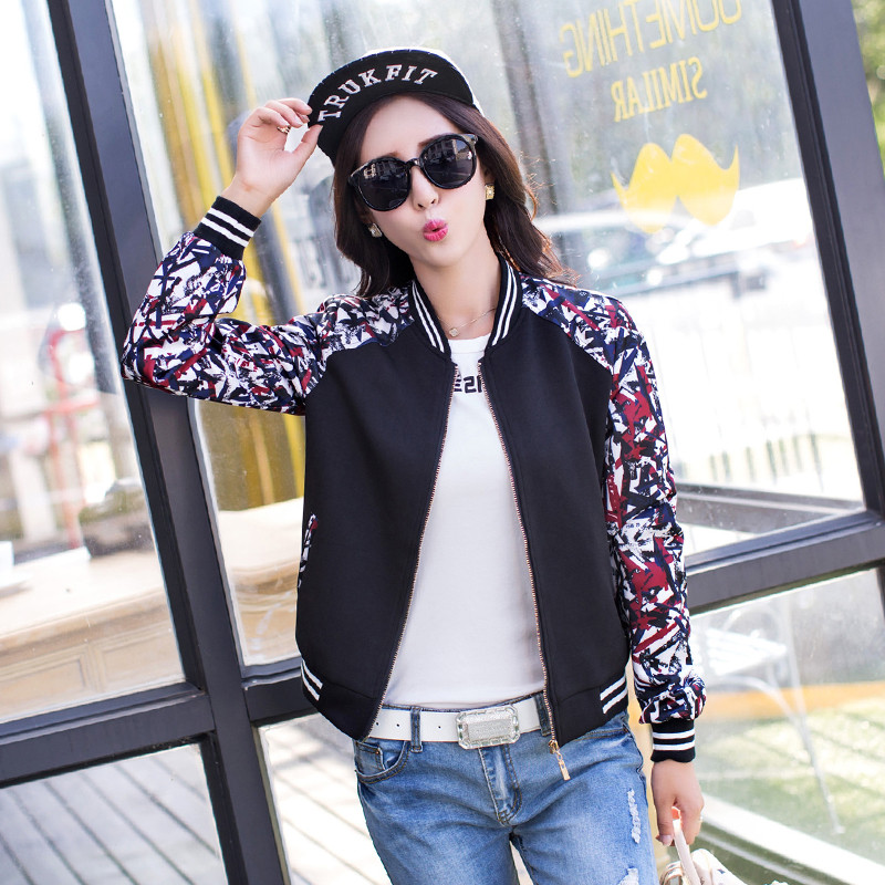 2015秋季新款韩版修身小立领长袖插肩开衫短款外套休闲运动棒球服女装