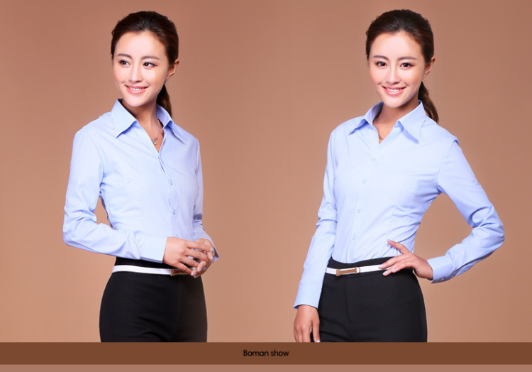 伯曼 2015新款春秋装女士白领长袖衬衫韩版职业工作服衬衣大码工装 蓝色斜纹V领 37