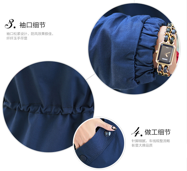 鑫雅然 2015韩版时尚连帽中长款风衣女外套 藏青色 M